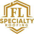 Introducing the FL Specialty Roofing logo: a sleek, stylized gold roof outline with the letters "FL" prominently displayed within. Beneath it, "Specialty Roofing" is boldly capitalized, underscoring our expertise in the field. Explore our extensive case studies to discover our exceptional roofing solutions and innovations.