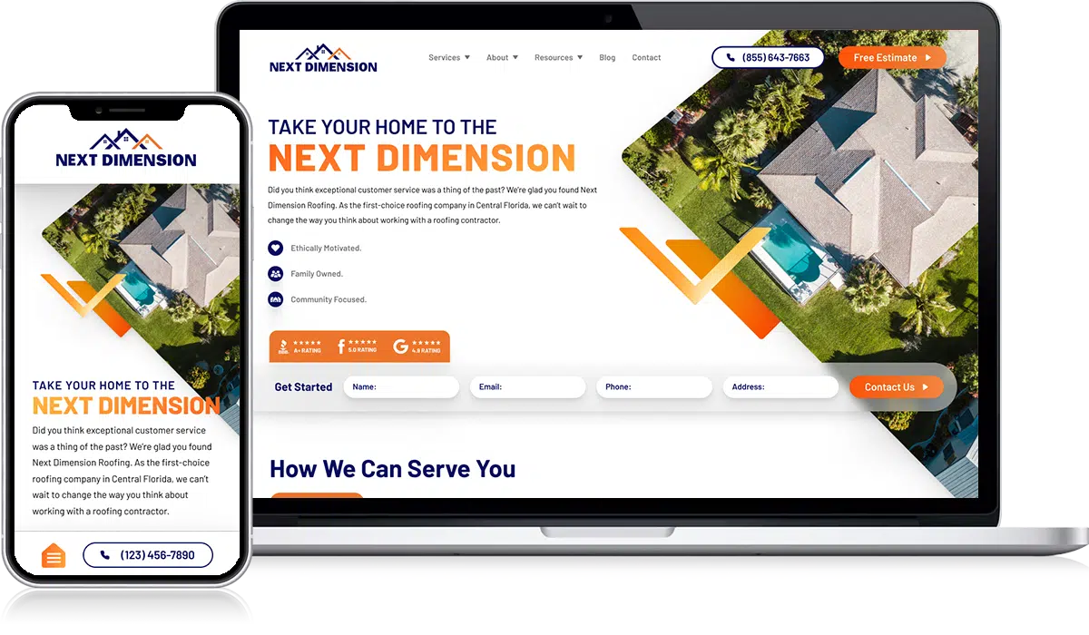 Displayed on a laptop and smartphone, the "Next Dimension" logo and aerial view of a modern home greet visitors with a call to "Elevate Your Home to the Next Dimension." Choose from options like "Get Started," request a "Free Estimate," or explore insightful case studies. Contact information and phone number are prominently available for easy access. Roofing website design inspiration