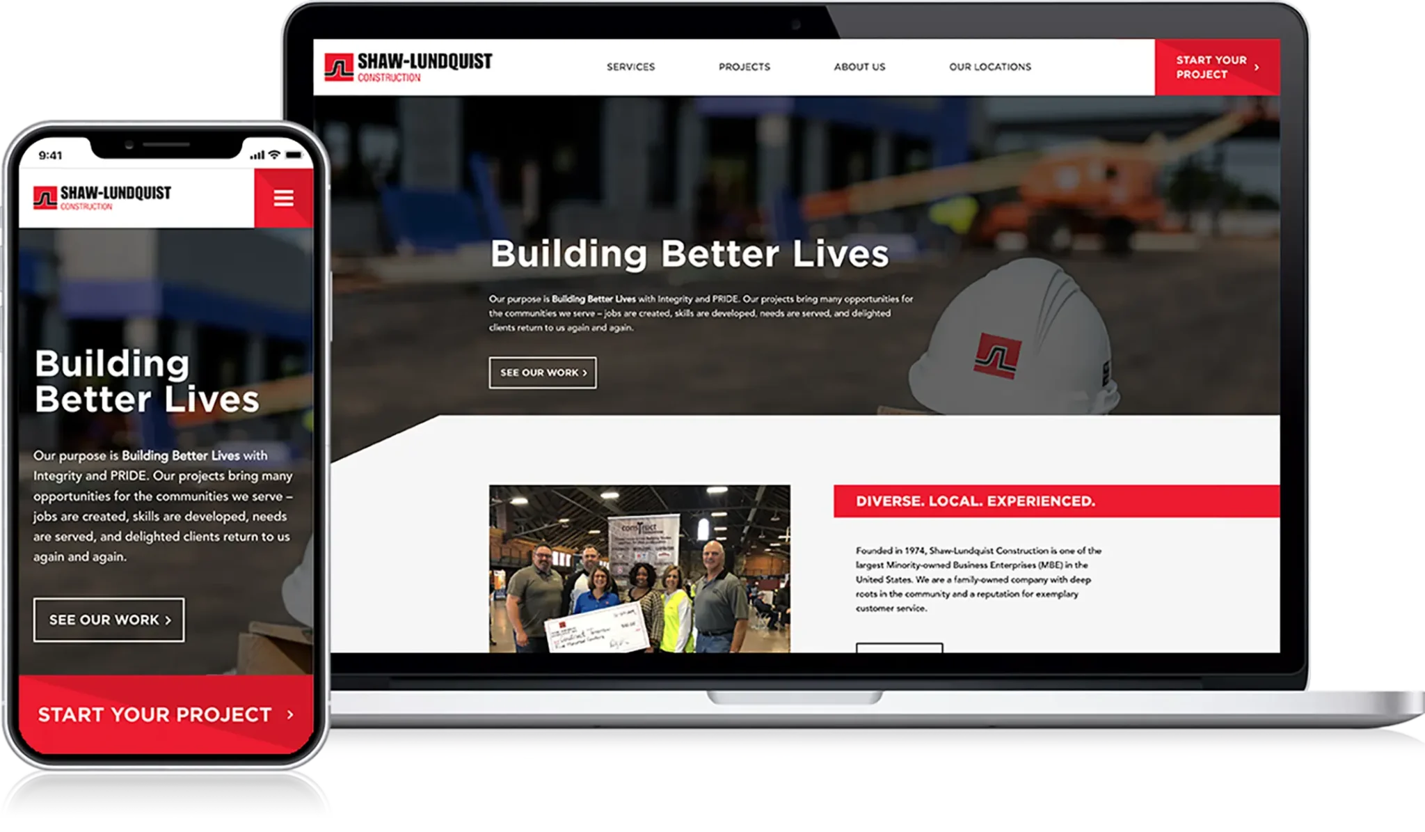 A laptop and smartphone showcase a construction company's website, prominently featuring case studies. The site includes a banner with a hard hat displaying the message "Building Better Lives." It offers clear navigation links and highlights diverse local experience with a group photo.